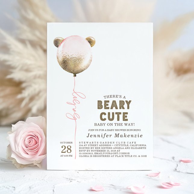 Beary Niedlich Pink Balloon Teddy Bear Baby Showin Einladung (Bear Baby Shower Invitation)