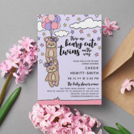 Beary Niedlich Pink Girl Twins Baby Dusche Einladung