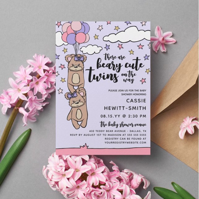 Beary Niedlich Pink Girl Twins Baby Dusche Einladung (Von Creator hochgeladen)