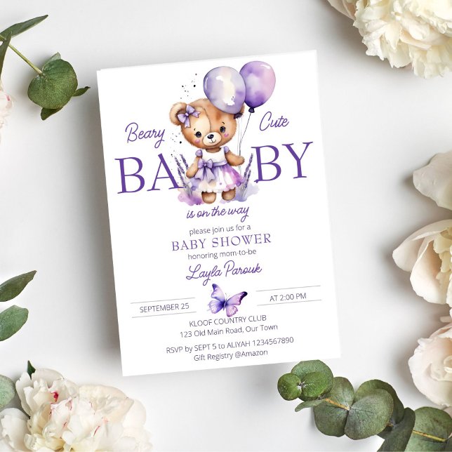 Beary niedlich Teddy Bär lila Lavendel Babydusche Einladung (Beary cute teddy bear baby shower template invitation instant digital download purple teddy bear )