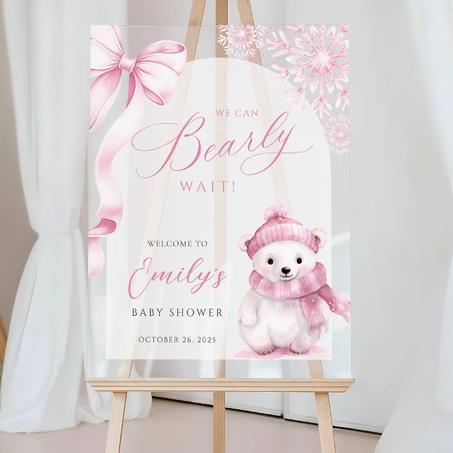Beary Pink Winter Baby Shower Acrylic Welcome Sign (Créateur téléchargé)