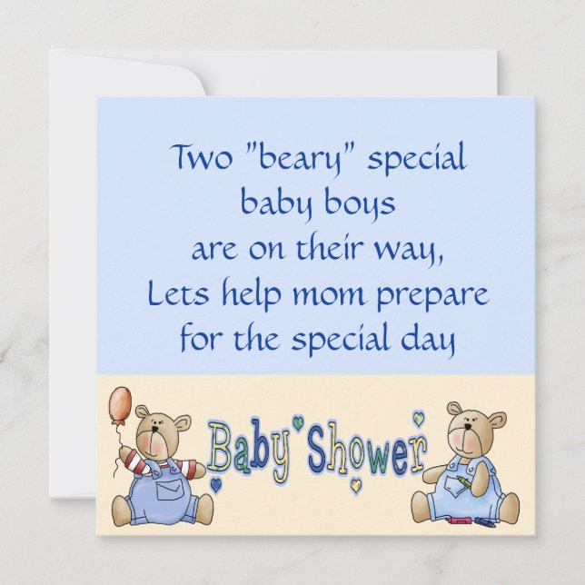 Beary Special Twin Boy Baby Dusche lädt ein Einladung (Vorderseite)