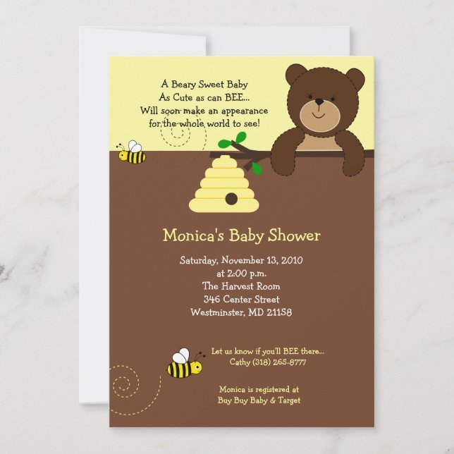 Béary Sweet Bear & Bee Baby shower Invitation (Devant)