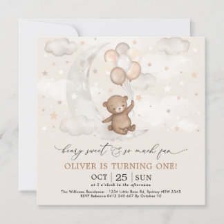 Beary Sweet Moon & Stars Teddy Bear 1. Geburtstag Einladung