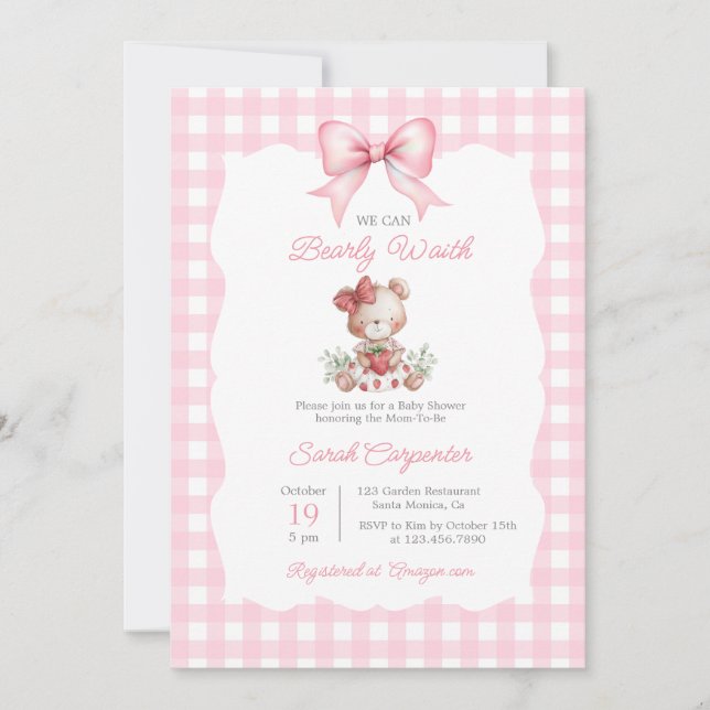 Beary Sweet Strawberry Baby Shower Girl Einladung (Vorderseite)
