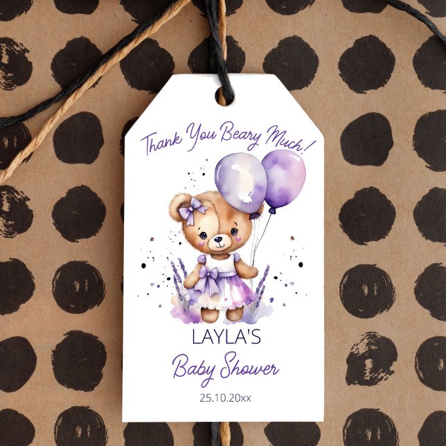 Beary Teddy Bär lila Babydusche Danke Geschenkanhänger (Beary cute purple teddy bear balloons baby shower thank you favor gift tags cute girl teddy bow dres)