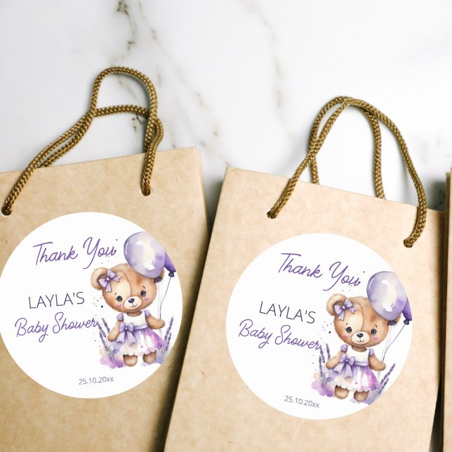 Beary Teddy Bär lila Babydusche Danke Runder Aufkleber (Beary cute teddy bear baby shower purple balloons teddy bear thank you favor stickers cute lavander)
