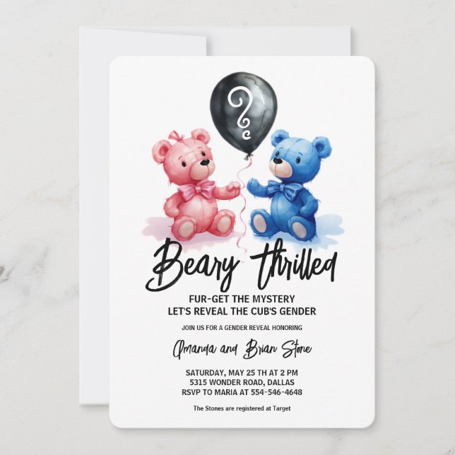 Beary Thrilled Bären Balloons Gender Reveal Einladung (Vorderseite)
