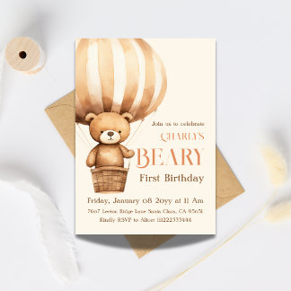 Beary Watercolor Beige Beary 1. Geburtstag Einladung