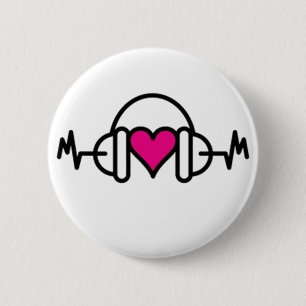 Beats der Liebe   Rosa Herz mit Puls und Kopfhöre Button