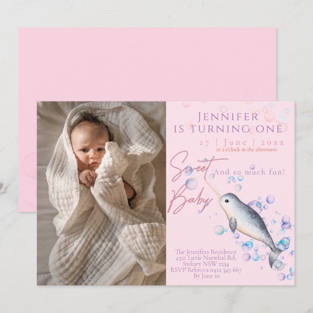 Beau bébé Narwhal 1er anniversaire fêté Invitation (Devant / Derrière)