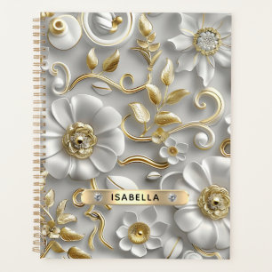 Beau Blanc Et Or 3D Floral Nom Personnalisé