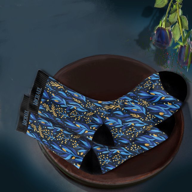 Beau bleu Feuille Fleurs Jaunes Motif (Beautiful Blue Leaves Yellow Flowers Pattern Socks)
