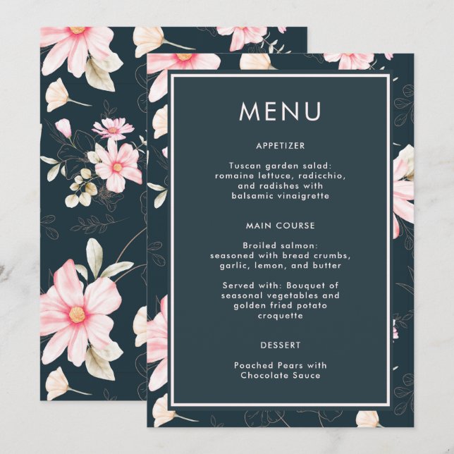Beau Blue Blush Floral Mariage Menu (Devant / Derrière)