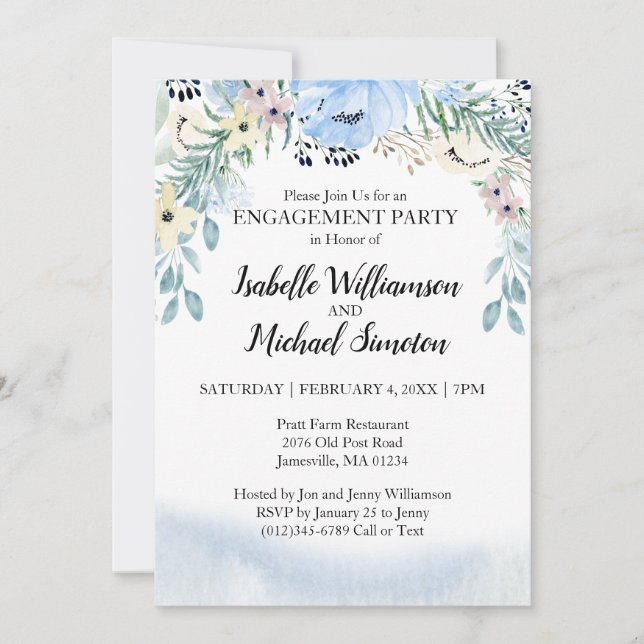 Beau Blue Floral Engagement Party Invitations (Devant)