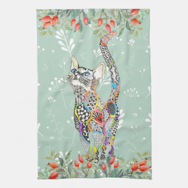 Beau Chat Floral Kitten Serviette de cuisine (Vertical)