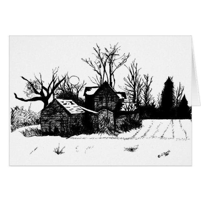 Beau dessin d'encre de ferme en hiver (Devant horizontal)