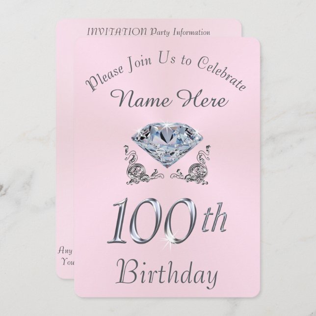 Beau Diamant 100e anniversaire Invitations (Devant / Derrière)