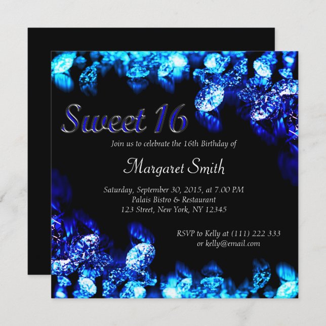 Beau Diamant Bleu Doux 16 Invitation (Devant / Derrière)