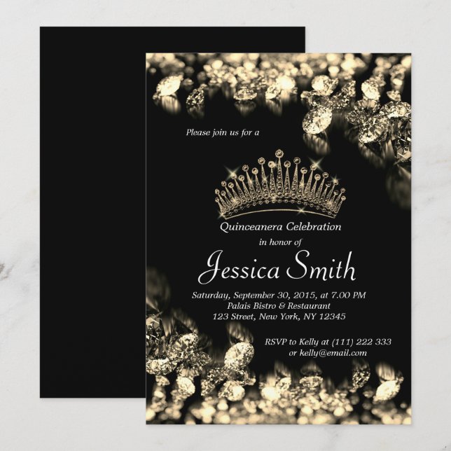 Beau Diamant doré Quinceañera Invitation (Devant / Derrière)
