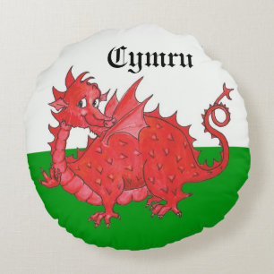 Beau Dragon rouge sur Coussin rond vert et blanc