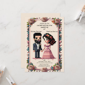 Beau Faire-part de mariage Pixel Art