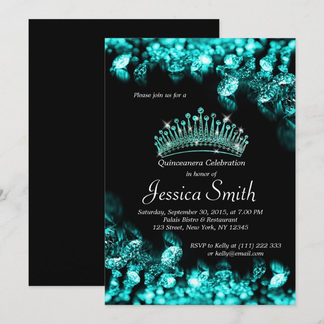 Beau Invitation Turquoise Diamond Quinceañera (Devant / Derrière)