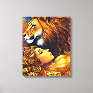 Beau Lion d'or et toile enveloppée femme