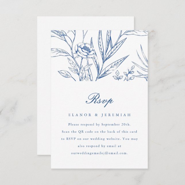 Beau mariage floral bleu RSVP avec code QR (Devant / Derrière)
