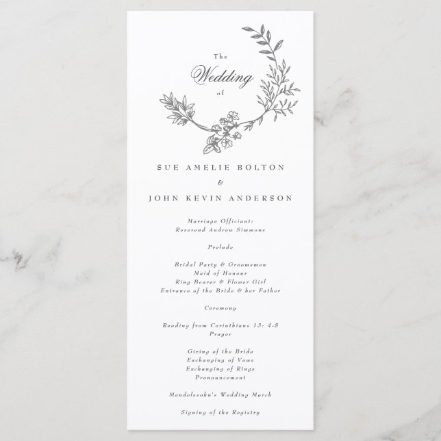 Beau Monogramme Floral Sketched Wedding Programme (Devant)