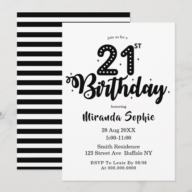 Beau noir et blanc 21e anniversaire Invitations (Devant / Derrière)