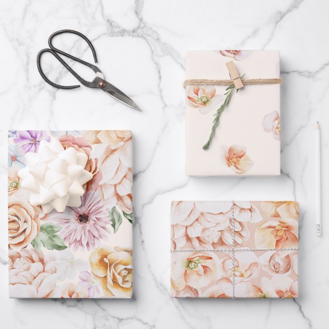 Beau papier d'enveloppement rose pastel Floral (Recto)