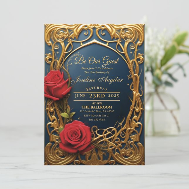 Beauté et la bête Rose Sweet 16 Invitation (Debout devant)