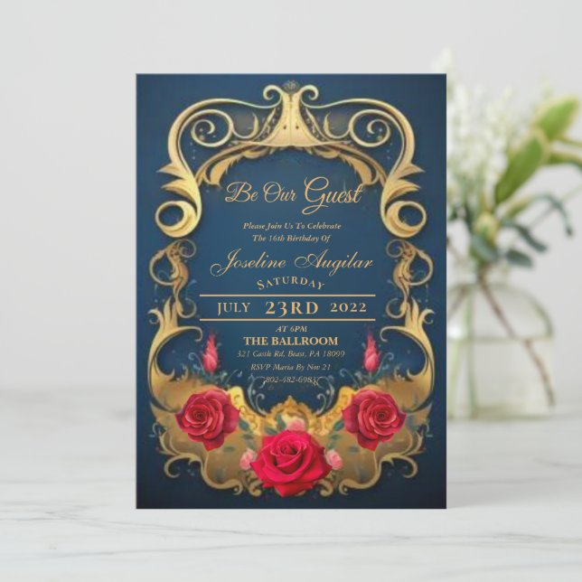 Beauté et la Bête Rouge Rose Sweet 16 Invitations (Debout devant)