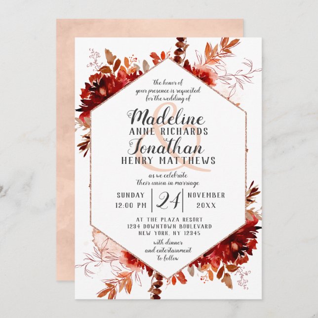 Beauté rustique Hexagon floral Invitations de mari (Devant / Derrière)