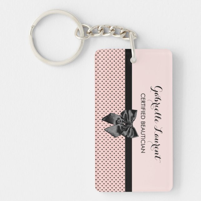 Beautician Chic Parisian Pink Polka Dots Black Bow Schlüsselanhänger (Vorderseite)