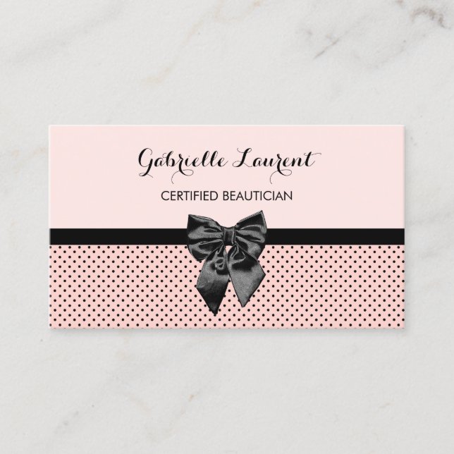 Beautician Chic Parisian Pink Polka Dots Black Bow Visitenkarte (Vorderseite)