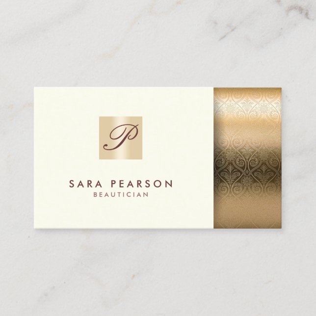 Beautician Elegant Gold Monogram Damask Visitenkarte (Vorderseite)