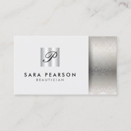 Beautician Elegant Silver Monogram Damask Visitenkarte