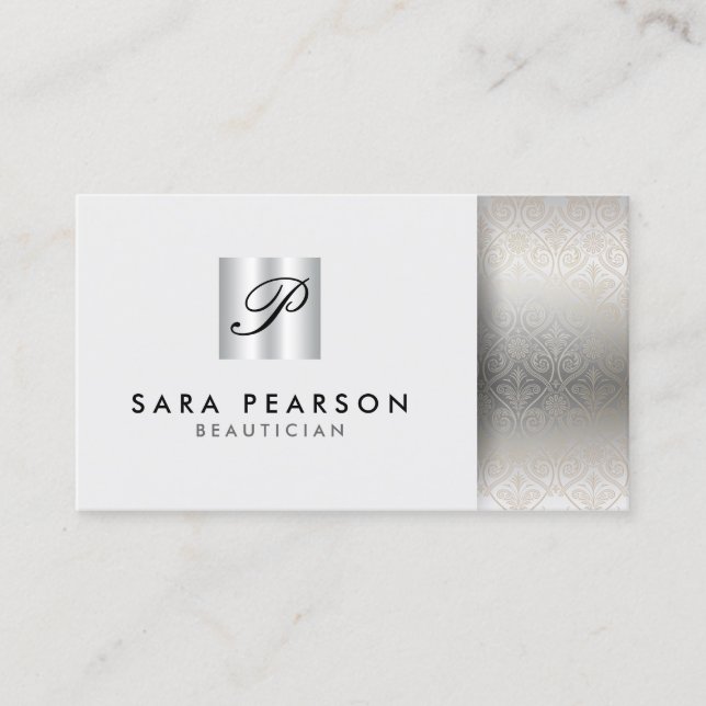 Beautician Elegant Silver Monogram Damask Visitenkarte (Vorderseite)