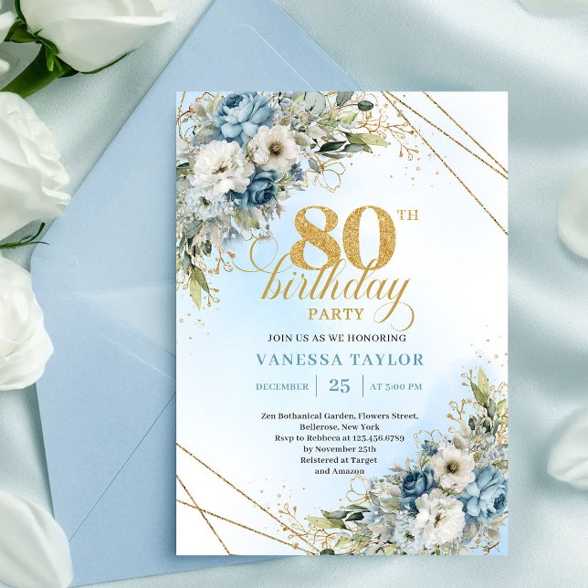 Beautiful 80th Birthday Invitation Gold Frame Blue (Beautiful 80th Birthday Invitation Gold Frame Blue Flowers)