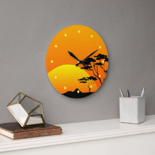 Beautiful Africa Safari Bright Orange Sunset Große Wanduhr