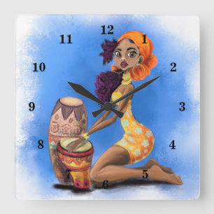 Beautiful African Drummer Girl - Happy Music Party Quadratische Wanduhr
