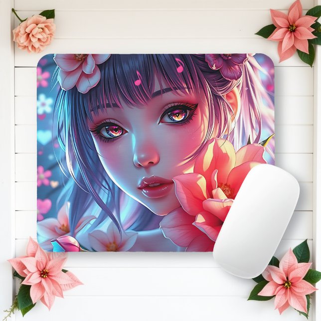 Beautiful Anime Girl Glitchcore Floral Mousepad (Von Creator hochgeladen)