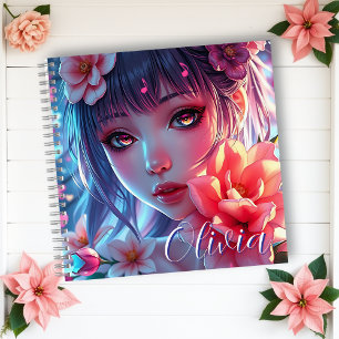 Beautiful Anime Girl Glitchcore Floral Notizbuch