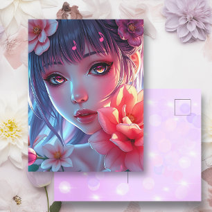 Beautiful Anime Girl Glitchcore Floral Postkarte