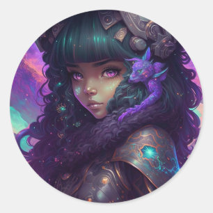 Beautiful Anime Girl Warrior Runder Aufkleber