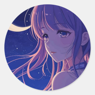 Beautiful Anime lila Girl Runder Aufkleber
