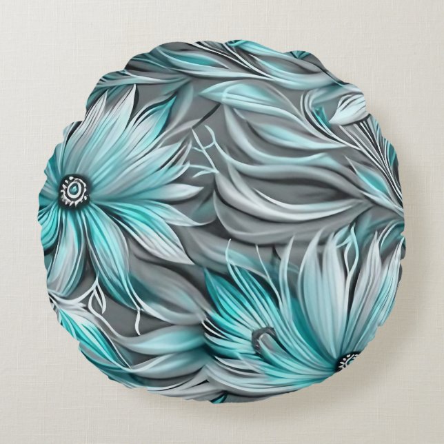Beautiful Aquamarin Floral Print Rundes Kissen (Vorderseite)