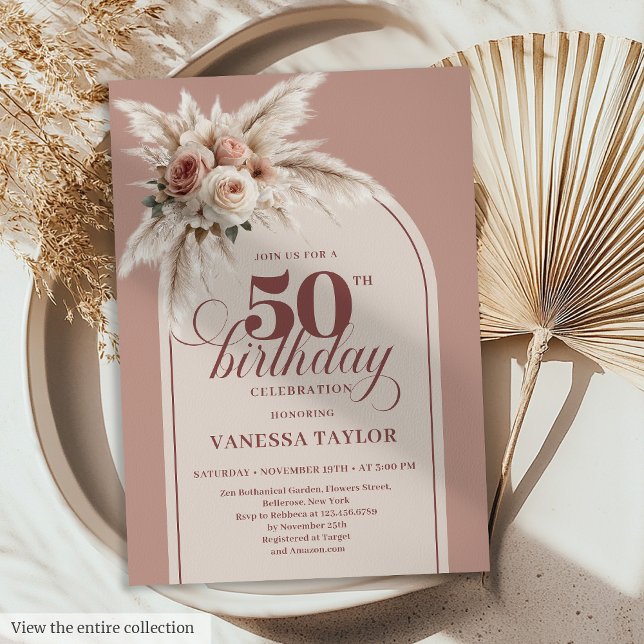 Beautiful Arch Pastel Pink Pampas Floral Fifty 50 Einladung (Beautiful Arch Pastel Pink Pampas Floral 50th Birthday)